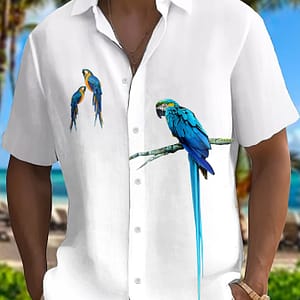 Men’s Parrots Pattern Pint Short Sleeve Lapel Shirt Top, Casual Button Up Shirt For Summer And Vacation Resorts Button-Down Shirts Shop Online at Dubai Trades