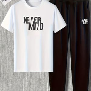 Men’s Polyester Pajama Set, Crew Neck Short Sleeve T-shirt With Alphabet Print & Comfortable Stretch Pants, Casual Loungewear, Regular Fabric Sleepwear Clothing Shop Online at Dubai Trades