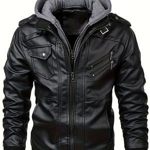 Men’s Pu Leather Jacket With Pockets, Casual Zip Up Long Sleeve Hooded Jacket For Outdoor Active Shop Online at Dubai Trades