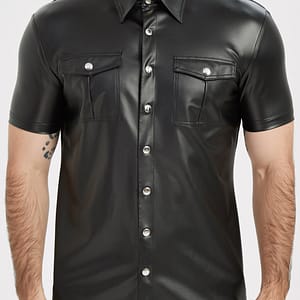 Men’s Pu Leather Shirt Short Sleeve Street Style Button-up Collar Motorcycle Top Clubwear Casual Button-Down Shirts Shop Online at Dubai Trades