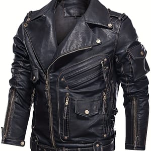 Men’s Retro Biker Jacket With Zipper Pockets – Stylish Black Coat For Spring & Fall, Loose Fit, Multiple Zippers & Studded Details, Polyester Lining Clothing Shop Online at Dubai Trades