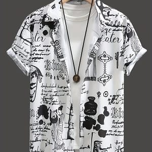 Men’s Retro Letters And Pattern Print Short Sleeve Lapel Shirt Top, Male Casual Button Up Shirt For Daily And Vacation Resorts Beach Button-Down Shirts Shop Online at Dubai Trades