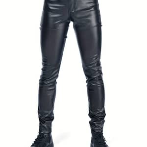 Men’s Slim Fit Stretch Pu Leather Biker Pants – Casual Mid-rise, Button Detail, Glossy Finish For Spring & Fall, Attire | Fashionforward Trousers | Zipper Closure Casual Shop Online at Dubai Trades