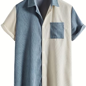 Men’s Stripe And Color Block Short Sleeve Lapel Shirt With Chest Pocket, Summer Outdoor Casual Button-Down Shirts Shop Online at Dubai Trades