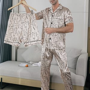 Men’s Summer Sleepwear Set With Short Sleeves, Shorts, And Long Pants, Featuring A Thin Fabric And Letter , Includes A Cardigan. Clothing Shop Online at Dubai Trades