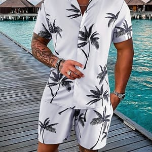 Men’s Summer Tree Print Pajama Set, Polyester 100% Short Sleeve Shirt & Drawstring Waist Shorts, Lapel Collar, Non-stretch Woven Fabric, Regular Fit – 120gsm Clothing Shop Online at Dubai Trades
