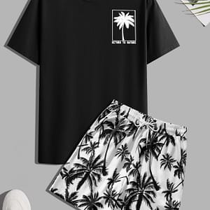 Men’s T603# Round Neck Tropical Print Short Sleeve T-shirt + Drawstring Waist Random Pattern Shorts Set Active Shop Online at Dubai Trades