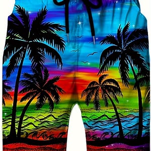 Men’s Tree Print Beach Shorts – Casual Drawstring Waist, Lightweight Polyester, Striped Design, Summer , Beach Accessories Clothing Shop Online at Dubai Trades 2