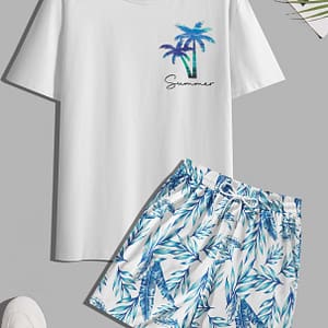 Men’s Tropical Coconut Tree Print 2pcs Set: Casual Short Sleeve Tee & Drawstring Beach Shorts – Summer, Poolside & Outdoor Activities Active Shop Online at Dubai Trades