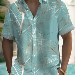 Men’s Tropical Leaf Print Short Sleeve Shirt With Chest Pocket – Casual Button-up, Lightweight Polyester, Teal & Golden Gradient Design, Summer Casual Button-Down Shirts Shop Online at Dubai Trades