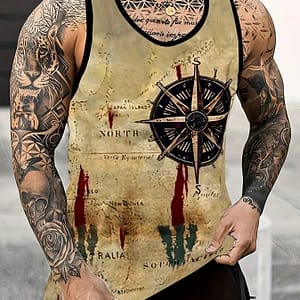 Men’s Vintage Compass 3d Print Tank Top – Casual Sleeveless Shirt For Summer, Breathable Polyester, Machine Washable Clothing Shop Online at Dubai Trades