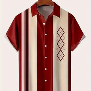 Men’s Vintage Geometric Shirt With Chest Pocket, Polyester 100% Short Sleeve, Summer Lapel Collar, Single Breasted, Woven Fabric, Regular Fit – Ideal For Weekend & Vacation Casual Button-Down Shirts Shop Online at Dubai Trades