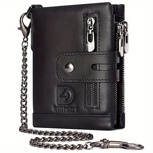 Men’s Wallet With Chain Genuine Leather Short Wallet Rfid Blocking Card Holder Double Zipper Coin Pocket Anti-theft Wallet, Ideal Gift For Men Accessories Shop Online at Dubai Trades