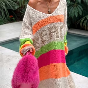 Multicolor Striped Letter Pattern Dress, Casual V Neck Long Sleeve Sweater Dress For Fall, Women’s Clothing Clothing Shop Online at Dubai Trades