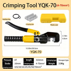 Myousho Hydraulic Crimping Tool With 8 Crimping Dies – No Power Required, Head, 180° Rotation, Vinyl-dipped Grip For Copper & Aluminum Cables (4-70mm Pressure Range) Crimpers Shop Online at Dubai Trades