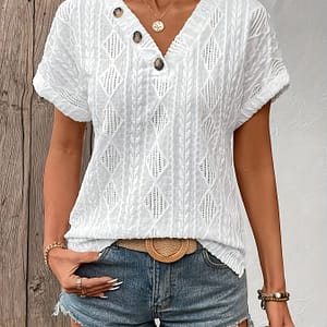 New Casual Solid Color V-neck Button T-shirt For Women From Europe And America Clothing Shop Online at Dubai Trades