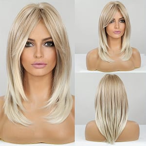 Ombre Blonde Wigs For Women Shoulder Length Layered Straight Synthetic Hair Wig With Curtain Bangs Daily Party Use Wig Beauty & Personal Care Shop Online at Dubai Trades