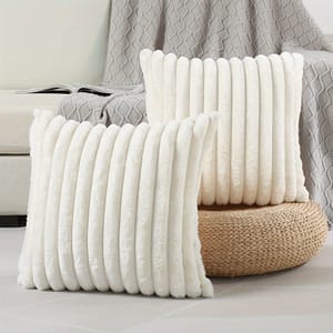 Pack Of 2, Fur Plush Decorative Throw Pillow Covers, Luxury Striped Soft Pillowcase Cushion Covers For Sofa Couch Bedroom, Cream White Decorative Pillows Shop Online at Dubai Trades