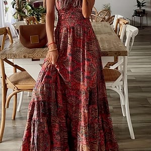 Paisley Print Ruched Trim V-neck Dress, Short Sleeve Shirred Waist Maxi Dress For , Women’s Clothing Clothing Shop Online at Dubai Trades