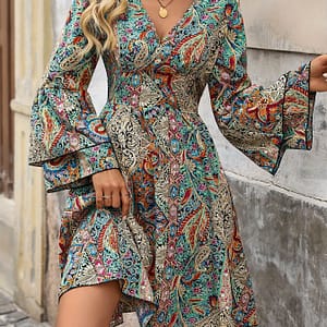 Paisley Print V Neck Dress, Elegant Layered Sleeve A-line Dress For Vacation, Women’s Clothing Clothing Shop Online at Dubai Trades