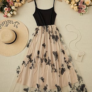 Pattern Contrast Mesh Splicing Dress, Elegant Sleeveless Cami Dress For , Women’s Clothing Clothing Shop Online at Dubai Trades