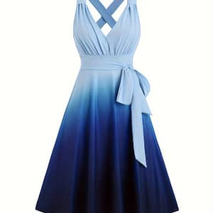 Piece, Gradient Color V Neck Dress, Elegant Sleeveless Tie Waist A-line Flowy Dress For , Women’s Clothing, Printed, Pleated Clothing Shop Online at Dubai Trades