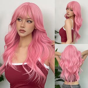 Pink Long Body Wave Hair Wigs With Bangs Synthetic Fiber Hair Wigs For Women Girls For Daily Party Cosplay Use 24 Inch Music Festival Clothing, Shoes & Jewelry Shop Online at Dubai Trades