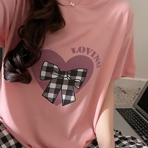 & Plaid Bow & Letter Loose Fit Pajama Set, Short Sleeve Round Neck Top & Shorts, Comfortable Relaxed Fit Clothing Shop Online at Dubai Trades