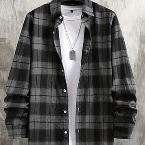 Plaid Long Sleeve Shirt – Polyester, Machine Washable, Non-stretch Fabric, Lapel Collar – Versatile For Casual Button-Down Shirts Shop Online at Dubai Trades