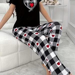 Plaid Pajama Set, Short Sleeve Round Neck Top & Pants, Comfortable Relaxed Fit Clothing Shop Online at Dubai Trades