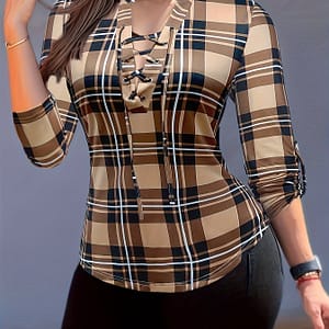 Plaid Print Drawstring Blouse, Casual Long Sleeve V Neck Blouse, Women’s Clothing Blouses Shop Online at Dubai Trades