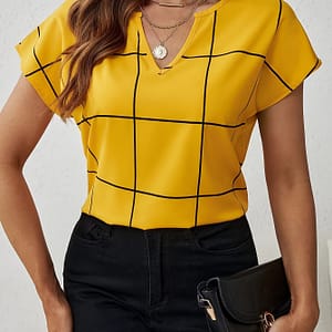 Plaid Print Notched Neck Blouse, Casual Short Sleeve Blouse For , Women’s Clothing Blouses Shop Online at Dubai Trades