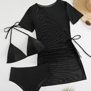 Plain Black Stretchy 3 Piece Set Swimsuits, Triangle Halter Bikini & Drawstring Mesh Short Sleeve Cover Up Dress, Women’s Swimwear & Clothing Bikinis Shop Online at Dubai Trades