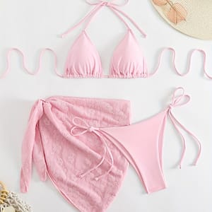 Plain Pinkish Pastel Color Triangle Halter Tie Strap Backless Bikini With Floral Textured Fabric Cover Up 3 Piece Set Swimsuits, Women’s Swimwear & Clothing Bikinis Shop Online at Dubai Trades