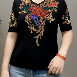 Plant Rhinestone V Neck T-shirt, Casual Short Sleeve Slim T-shirt For , Women’s Clothing Clothing Shop Online at Dubai Trades