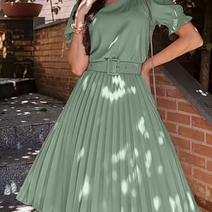 Pleated Crew Neck A-line Dress, Elegant Short Sleeve Dress For , Women’s Clothing Clothing Shop Online at Dubai Trades