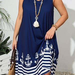 Plus Size Anchor Print Dress, Ring Detail Sleeveless V Neck Dress For , Women’s Plus Size Clothing Clothing Shop Online at Dubai Trades