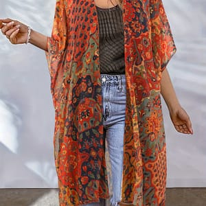 Plus Size Bohemian Floral Print Kimono Cardigan – Casual, Non-stretch Fabric, Versatile Open Front Cover-up For Women, Sun Protection, , Plus Size Kimono Clothing Shop Online at Dubai Trades
