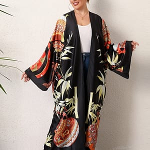 Plus Size Boho Kimono, Women’s Plus Tribal Print Long Sleeve Open Front Slight Stretch Beachwear Cover Up Clothing Shop Online at Dubai Trades