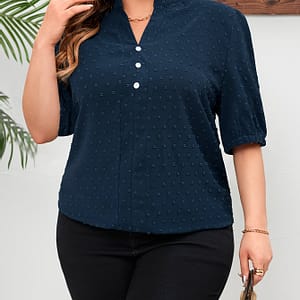 Plus Size Casual Blouse, Women’s Plus Solid Swiss Dot Short Sleeve Notched Neck Button Decor Top Clothing Shop Online at Dubai Trades