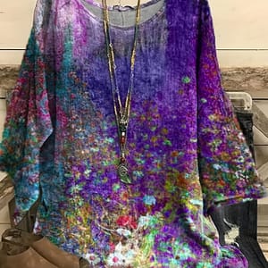 Plus Size Casual Blouse, Women’s Plus Tie Dye & Floral Print Long Sleeve Round Neck Split Top Clothing Shop Online at Dubai Trades