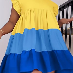 Plus Size Casual Dress, Women’s Plus Colorblock Ruffle Sleeve Round Neck Slight Stretch Mini Smock Dress Clothing Shop Online at Dubai Trades