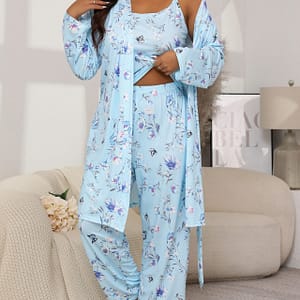 Plus Size Casual Pajama Set, Women’s Floral & Print Long Sleeve Belted Robe & Cami Top & Pants Lounge 3 Piece Set For Fall & Winter Clothing, Shoes & Jewelry Shop Online at Dubai Trades