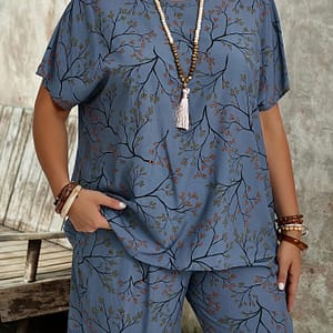 Plus Size Casual Set – Botanical Print, Short Sleeve Top & Shorts, Polyester Blend, , Casual Wear|botanical Print Top|polyester Blend Clothing, Shoes & Jewelry Shop Online at Dubai Trades 2