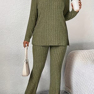 Plus Size Casual Solid Color Pants Set, Side Split Crew Neck Long Sleeve Top & Pants Outfits, Women’s Plus Size Clothing Clothing Shop Online at Dubai Trades