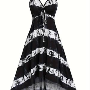 Plus Size Casual Summer Dress, Women’s Plus Tie Dye Drawstring V Neck Asymmetrical Hem High Stretch A-line Cami Dress Clothing Shop Online at Dubai Trades