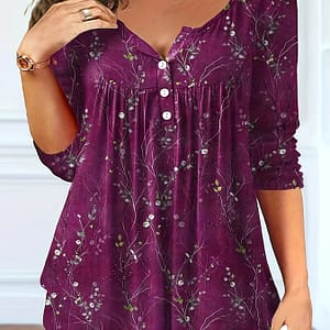 Plus Size Casual T-shirt, Women’s Plus Floral Print Button Up Ruched Long Sleeve V Neck Medium Stretch T-shirt Clothing Shop Online at Dubai Trades