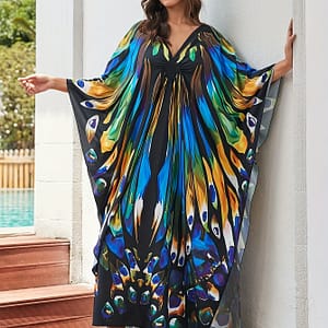 Plus Size Cover Up, Women’s Print Chinese Knot Braided V Neck Maxi Loose Fit Beach Kaftan Dress Clothing Shop Online at Dubai Trades