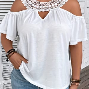 Plus Size Elegant For Women – Off-shoulder Lace Panel, Ruffle Sleeves, Keyhole Detail, Polyester & Spandex Blend, Machine Washable – Ideal For Spring/summer, Plus Size Blouses Clothing Shop Online at Dubai Trades