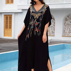 Plus Size Embroidered Kaftan Dress, Casual V Neck Batwing Sleeve Maxi Slit Dress For , Women’s Plus Size clothing Clothing Shop Online at Dubai Trades